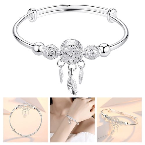 Luckilemon Silver Dream Catcher Tassel Feather Charm Bracelet Bangle Adjustable Mother's Day Jewelry Gift Birthday Christmas Gifts for Women Mom Wife Girls