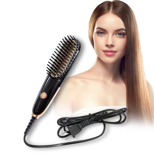 Doortian Mini Hair Straightening Iron with Built-in Comb for Travel, Portable Hair Straightener Brush, Ionic Hot Comb Straightener for Women (Black)