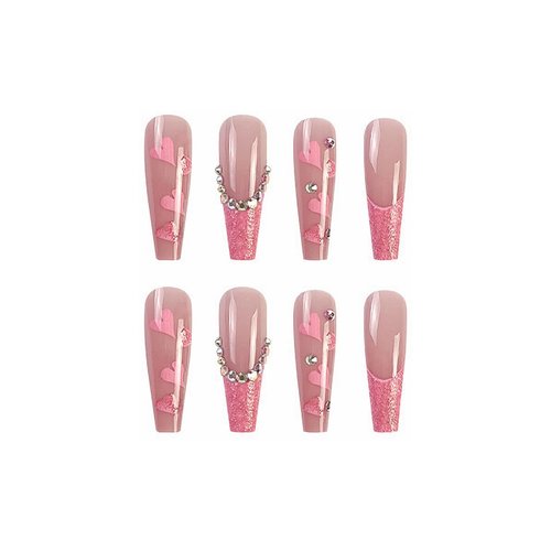 MISUD Coffin Press on Nails Long Ballerina Fake Nails Glossy Glue on Nails Cute Pink Heart Acrylic Nails Bling Glitter French Tip Artificial Nails Rhinestone Stick on False Nails with Design 24 pcs