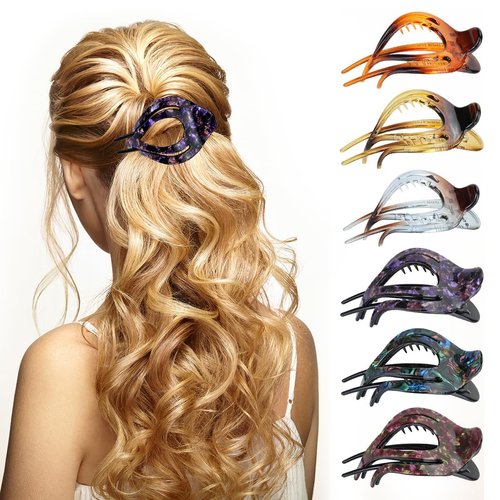 6Pcs French Concord Curved Hair Clips, FHDUSRYO 3.8 inch Curved Hair Claw Clips, No Slip Alligato...