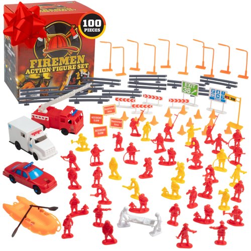 Fireman Action Figure Toys - 100pc Firefighter Figurines Playset Includes Firemen, Firetrucks, Ambulances, Rescue Boats & More - Great for Pretend Play & Dioramas- Xmas Gifts for Kids & Collectors