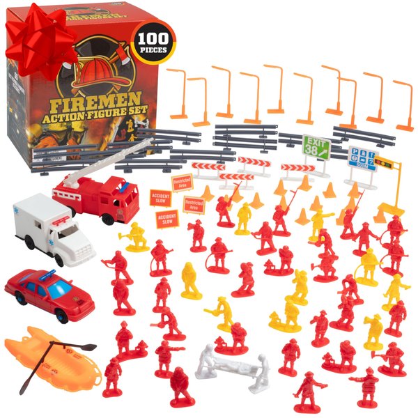 Fireman Action Figure Toys - 100pc Firefighter Figurines Playset Includes Firemen, Firetrucks, Ambulances, Rescue Boats & More - Great for Pretend Play & Dioramas- Xmas Gifts for Kids & Collectors