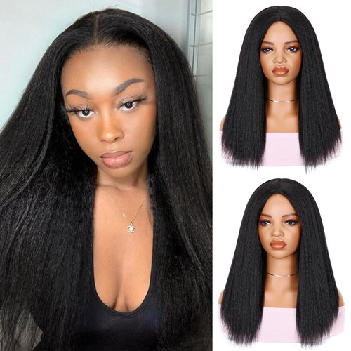 Lady Miranda 18 Inch Kinky Straight Synthetic Yaki Bob Wig Fluffy Soft Kinky Straight Wig Natural Black Yaki Straight Wigs for Black Women