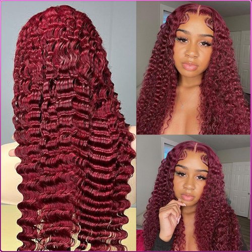 StarXiu Burgundy Deep Wave Lace Front Wigs Human Hair 99J 13x4 HD Lace Frontal Wigs for Women 180% Density Wet and Wave Red Colored Glueless Wigs Human Hair Pre Plucked Curly Wigs 12 Inch