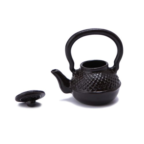 Dollhouse Miniature Vivid Teapot Tea Kettle 1:12 Scale Kitchen Copper Model Artificial House Decoration Food Ornament Accessories (Black)