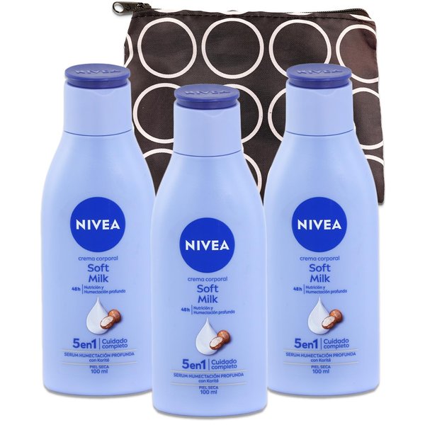 Nivea Soft Milk Lotion Nourishing Lotion Travel Set - Nivea Lotion for Dry Skin Bundle 3 Pack Nivea Soft Milk Travel Size 100ml Plus Travel Bag | Nivea Lotion Travel Size Bulk for Women