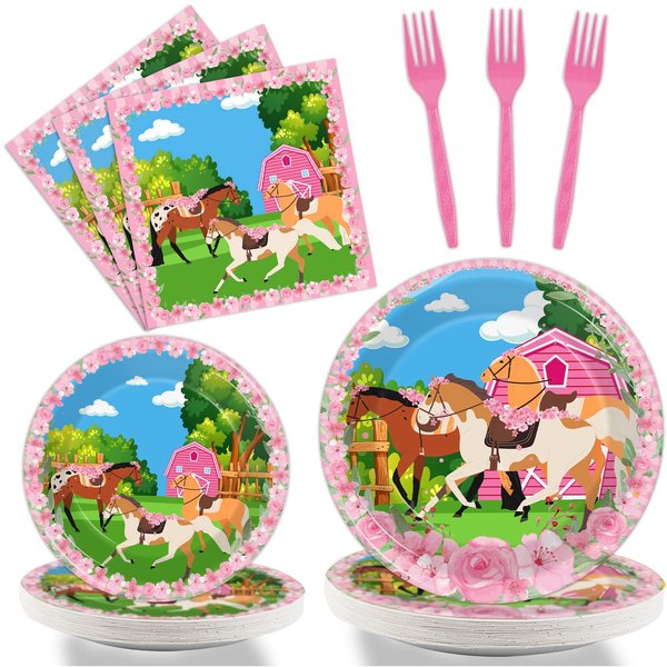 96 Pcs Horse Party Plates Napkins Tableware Set Kentucky Derby Birthday Party Supplies Disposable Paper Dinnerware Pink Cowgirl Western Theme Table Decoration Favors for Girls Baby Shower, 24 Guests