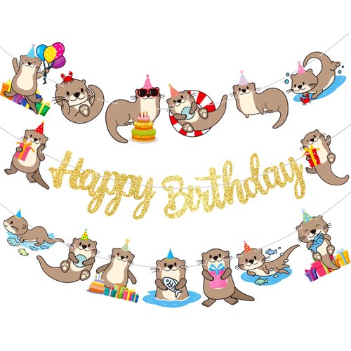 Sea Otter Birthday Banner Decorations Gold Cute Otter Happy Birthday Banners Sea Animal Birthday Party Decorations for Ocean Theme Birthday Party Sea And River Little Otter Party Supplies