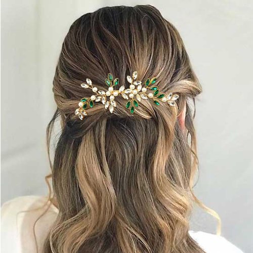 BETITETO Pearl Crystal Hair Comb Bridal Green Rhinestone Gold Vine Hair Piece Accessories for Wedding Women