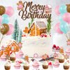 K KUMEED Christmas Birthday Decorations,Pink Gingerbread Man Merry Birthday Theme Banner Candy House Cake Topper Latex Balloons for Boys Girls Birthday Party Supplies Baby Shower