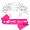 CAVETEE Silver 13th Birthday Crown for Girls and Official Teenager Birthday Sash 13th Birthday Decorations Birthday Gifts for Teen Girls Sliver Birthday Tiara and Sash Set for Teenager Girls