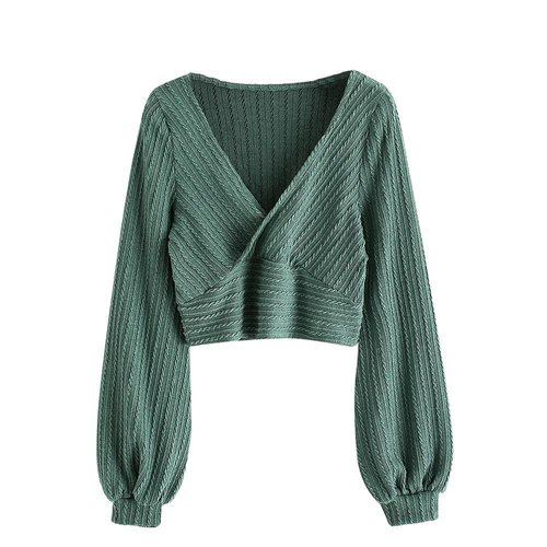 ZAFUL Women's Pullover Ribbed Batwing Lantern Sleeve Knitwear Knitted Crop Top Solid Round Neck Long Sleeve T-Shirt Green