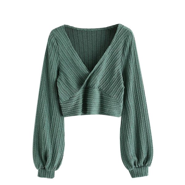ZAFUL Women's Pullover Ribbed Batwing Lantern Sleeve Knitwear Knitted Crop Top Solid Round Neck Long Sleeve T-Shirt Green