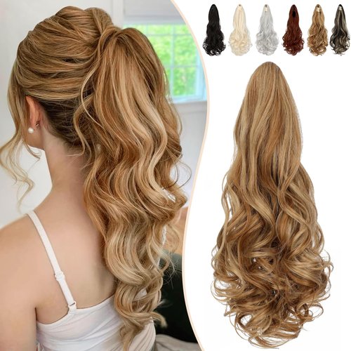 FELENDY 18" Ponytail Extension Small Claw Clip Curly Ponytail Hair Extensions Jaw Clips Long Wavy Pony tail Hairpiece for Women Synthetic Ash blonde Mix Ginger Brown