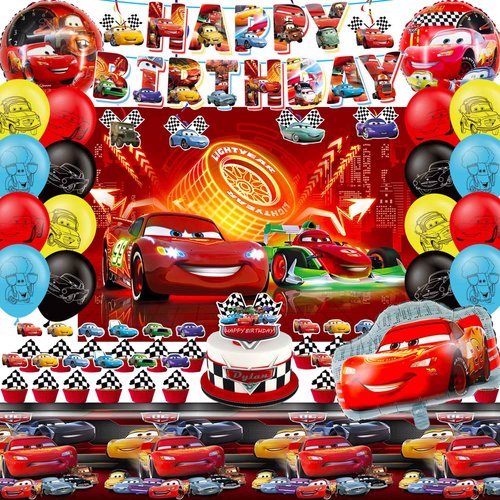 Cars Birthday Decorations, Cars Birthday Party Supplies Include Birthday Banner, Foil Balloons, Backdrop, Tablecloth, Cupcake Toppers, Hanging Swirls for Cars Theme Party Decorations