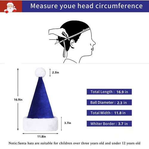 Eoocan Santa Hat, Santa Hat for Kids, Unisex Velvet Comfort Light Blue Christmas Hats Extra Thicken Classic Plush for Christmas New Year Festive Holiday Party Supplies