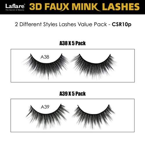 Laflare Premium Silk Lashes 3D Faux Mink Eyelashes Multipack, Light, Natural Looking, Professional Easy to Apply Eyelashes in a Knitted Style 10 Pairs Jumbo Pack (DSR10P)
