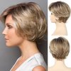 SEVENCOLORS Short Blonde Wigs for White Women Layered Wavy Pixie Cut Wig with Bangs Synthetic Hair Blond Highlights Short Wigs Natural Looking