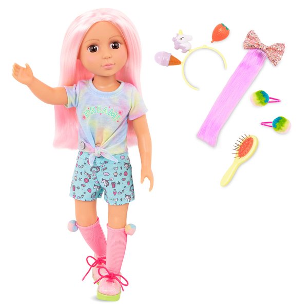 Glitter Girls Nixie 14 inch Doll Wearing Colored Outfit with Hair Accessories and Toy Food Props – Dolls for 3+ Years Old Girls