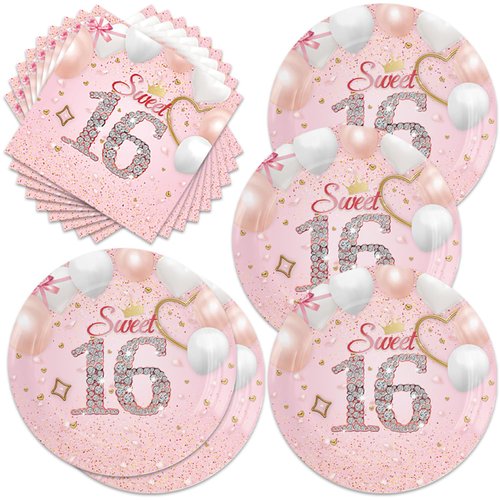 40Pack Sweet 16 Rose Gold Birthday Party Supplies, Include 20 Plates and 20 Napkins,Birthday Tabl...