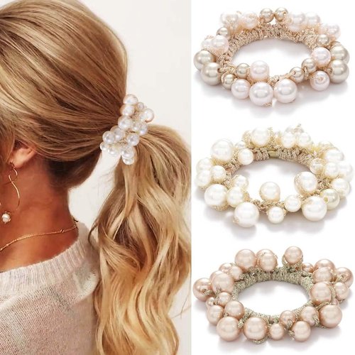 Fashey Pearl Hair Scrunchies Beaded Hair Ties Elastic Hair Bands Ponytail Holder Hair Accessories for Women and Girls（Pack of 3）