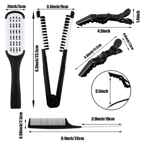 Honeydak Hair Straightening Boar Bristle Clamp Hair Comb, 5 Pieces Alligator Hair Clips, Pin Rat Tail Comb (White Comb)