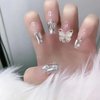 Press on Nails with Designs Medium Length, Coffin Shape Full Cover Reusable False Nails with Glue, Stick on Nails with Chrome Butterfly, Artificial Acrylic Fake Nails for Women, Glue on Nails Square