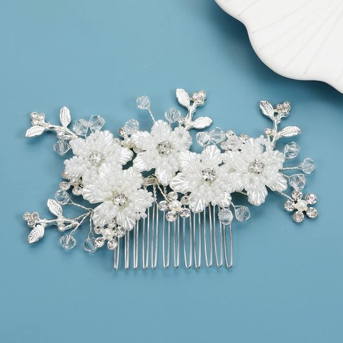Handmade White Bridal Headpiece with Sparkly Rhinestone Hair Comb, Pins, and Crystal Accents for Women and Girls