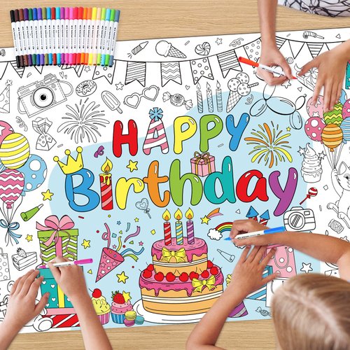 Faccito Giant Happy Birthday Coloring Poster with 24 Watercolor Pens 43.3 x 31.5 Inch Coloring Poster Jumbo Birthday Coloring Banner Table Cover for Craft Birthday Party Favors Supplies