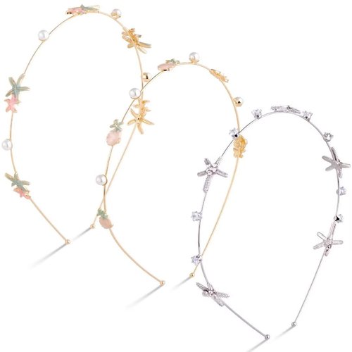 HINZIC 3pcs Rhinestone Starfish Headbands Handmade Pearl Seashell Mermaid Headbands Crystal Hair Hoops Bridal Headpiece Vine Tiara Beach Wedding Hair Accessories for Bride Women Girls Silver Gold