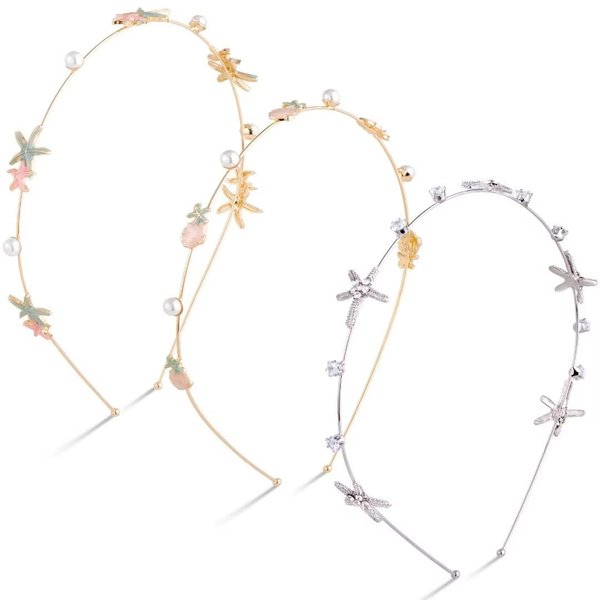 HINZIC 3pcs Rhinestone Starfish Headbands Handmade Pearl Seashell Mermaid Headbands Crystal Hair Hoops Bridal Headpiece Vine Tiara Beach Wedding Hair Accessories for Bride Women Girls Silver Gold