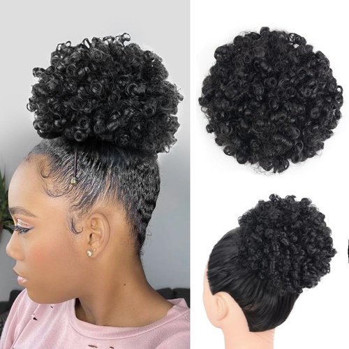 Roushunde Afro Puff Drawstring Ponytail Extension for Black Women Premium Short Synthetic Afro Puff Ponytail for Natural Hair Clip On Kinky Drawstring Curly Ponytail Bun (Natural Black), Medium