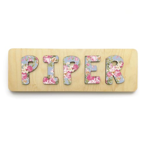 Personalized Wooden Name Puzzle for Kids, Handmade in USA by Bloom Owl, Custom Baby Gifts for Boys and Girls Christmas or First Birthday, Montessori Toys (Floral Grey)