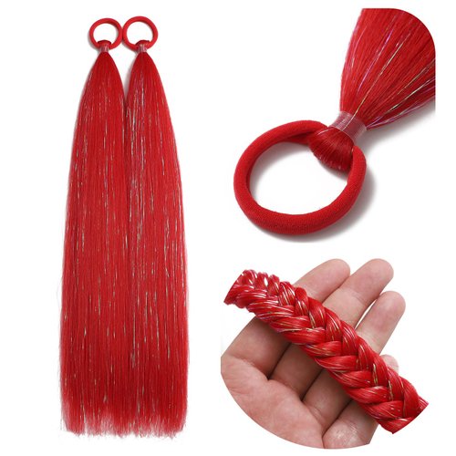 Red Ponytail Extension, 20 inch Colored Hair Extensions Colorful Tinsel Ponytail Extension, Crazy Hair Day Festival Hair Extensions, Rave Hair, 2 Packs Wacky Hair