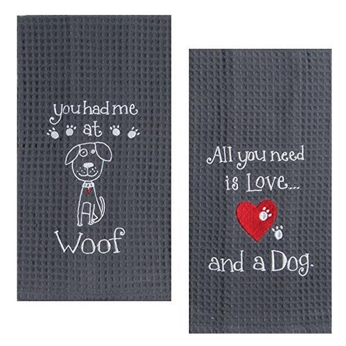 Kay Dee Dog Lover Embroidered Waffle Towel Set - Cotton - One Each You Had Me at Woof & Dog Love
