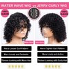 Mjiokii Human Hair Wig with Bangs for Black Women Glueless Short Water Wave Curly Bob Wigs Human Hair with Bang 180% Density None Lace Wavy Bang Wig 100% Brazilian Virgin Hair Natural Black 12 Inch