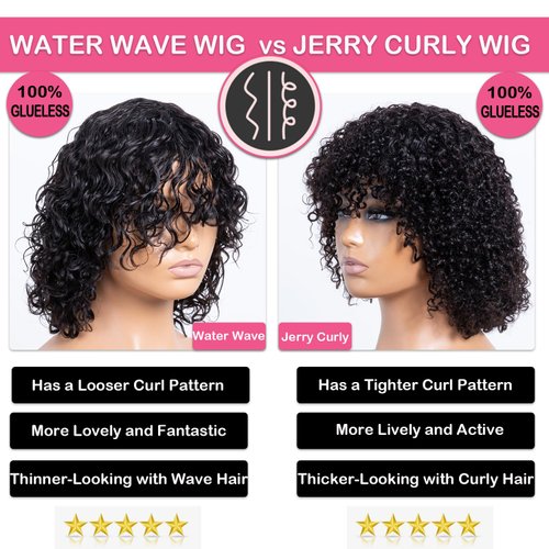 Mjiokii Human Hair Wig with Bangs for Black Women Glueless Short Water Wave Curly Bob Wigs Human Hair with Bang 180% Density None Lace Wavy Bang Wig 100% Brazilian Virgin Hair Natural Black 12 Inch