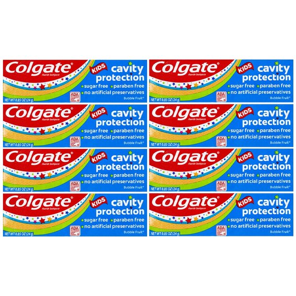 Colgate Kids Cavity Protection Fluoride Toothpaste, Bubble Fruit Flavor, Travel Size 0.85 oz (24g) - Pack of 8