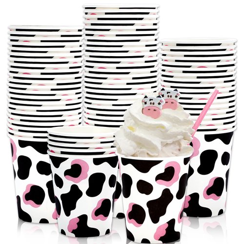 Whaline 50 Pcs Cow Print Disposable Paper Cups 9 oz Western Cowgirl Coffee Tea Cups Pink Black Cow Beverage Drinking Cups Disposable Small Snack Cups for Cow Theme Farm Animal Party Supplies