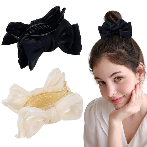 2Pcs Bow Hair Clips for Women Girls Black White Bowknot Claw Clip for Long Curly Thick Thin Hair Cute Ponytail Holder Nonslip Bun Barrettes Jaw Strong Hold Hair Catch Clamps Hair Accessories