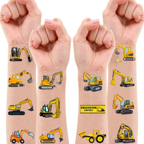 100 PCS Excavator Temporary Tattoos Themed Birthday Party Decorations Decor Supplies Favors Construction Vehicle Truck Tattoo Stickers Gifts For Game Boys Girls Classroom School Prizes Carnival Reward