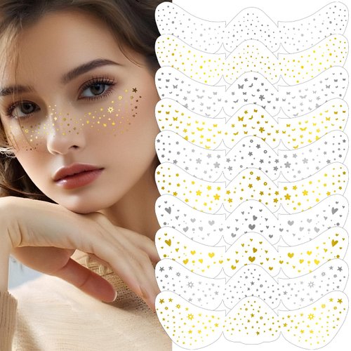 Wugbc Face Glitter Freckle Tattoo Gold & Silver 10 Pcs 5-Style, Waterproof Sweat proof Faux Freckle Patches Sticker Rave Outfits Makeup for Women Shiny Temporary Tattoos Singer Dancer New Year
