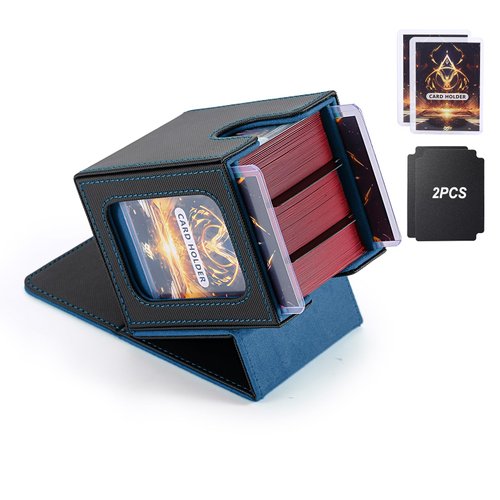 MTG Deck Box, Double Display Window Deck Box MTG, Commander Deck Box Fits 120+ Single Sleeved Cards, PU Leather Magnetic Closure Card Deck Box with 2 Dividers&2 Toploaders for TCG, CCG, Black/Blue