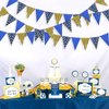 BLUE Gold Party Decorations, Hanging Glitter Paper Triangle Flag Pennant Banner for Royal Navy decor Graduation Carnival Bachelorette Engagement Wedding Birthday Baby Bridal Shower 33Ft