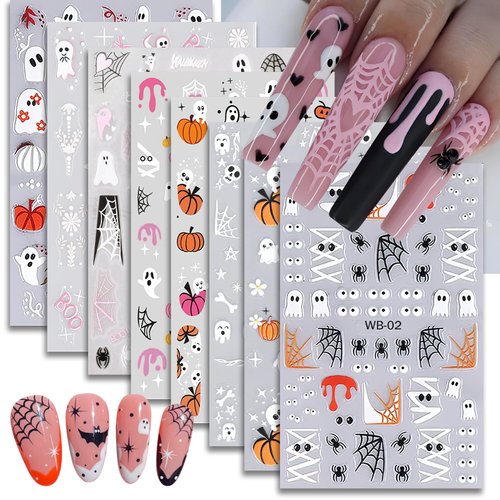 Jremg Halloween Nail Stickers Cute Ghost Pumpkin Skeleton Nail Decals 3D Self-Adhesive Pink Spide...