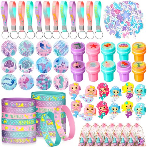 Capoda 122 Pcs Mermaid Party Favors for Girls Mermaid Theme Bracelets Keychains Pin Badges Stampe...