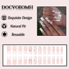 DOCVOEOMH Long Square Press on Nails French White Fake Nails with Shiny Rhinestones Design Full Cover Acrylic False Stick Glue on Nails for Women and Girls 24PCS