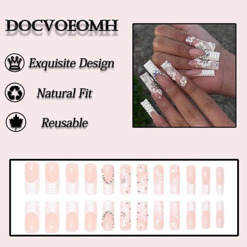 DOCVOEOMH Long Square Press on Nails French White Fake Nails with Shiny Rhinestones Design Full Cover Acrylic False Stick Glue on Nails for Women and Girls 24PCS