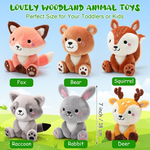 RoundFunny 6 Pcs Woodland Animals Plush Toys 7 Inch Bear Rabbit Squirrel Deer Raccoon Fox Stuffed Animals for Birthday Gift Baby Shower Party Decor