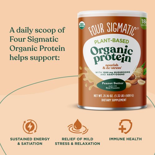 Four Sigmatic Organic Plant-Based Protein Powder Peanut Butter Protein with Lion’s Mane, Chaga, Cordyceps and More | Clean Vegan Protein Elevated for Brain Function and Immune Support | 21.16 oz